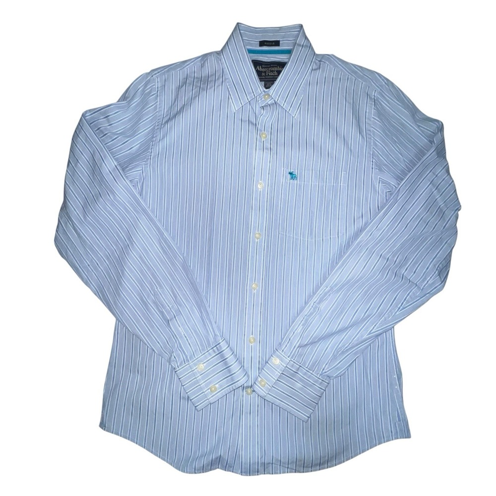 Abercrombie Fitch Mens Blue‎ White Stripe Muscle Fit Button Down Shirt L Moose - Picture 2 of 9